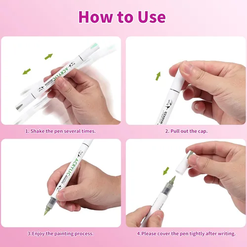 Vista 6 de Dual Tip Brush Markers, 4 Pack Double Ended Acrylic Paint Pens - Permanent Water-Based for Rock Painting, Wood, Metal, Ceramic, Glass, Crafts & Kids