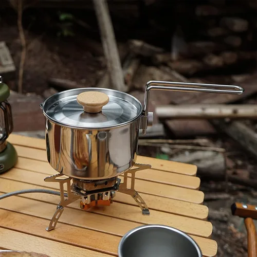 Vista 5 de Topyond Olla de utensilios de cocina portátil de acero inoxidable de 1 L, mango plegable, equipo de picnic para mochileros, cocina bushcraft