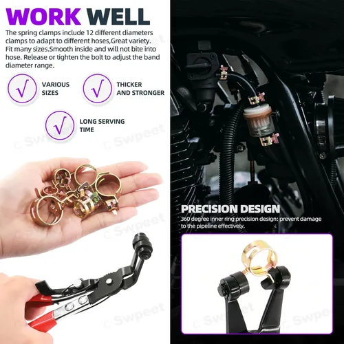 Vista 6 de Swpeet 121 abrazaderas de manguera de banda de resorte de 0.276-0.866 in con banda plana giratoria para manguera de combustible, kit surtido