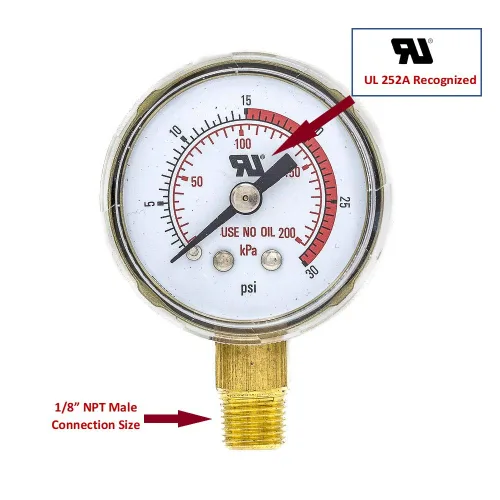 Vista 5 de PIC Gauges 501D-UNO-158C-C 0-30 PSI, UL reconocido, No usar medidor de presión de aceite, 1 1/2 dial, 1/8 macho NPT, Montaje inferior, Escala doble