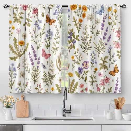 Vista 17 de Aimego - Cortinas de cocina con plantas rústicas y flores de primavera, botánicas, con hojas verdes, cortas, para cafetería, baño, con bolsillo