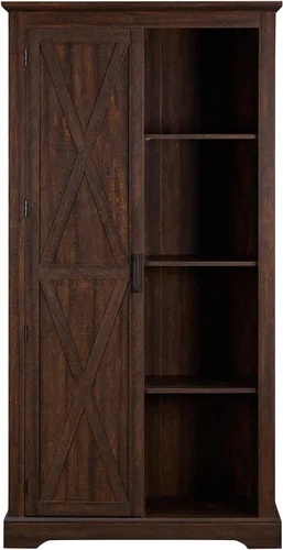 Vista 5 de Armario de almacenamiento alto para bufé, estantería rústica de madera, vitrina de despensa de granja con estantes ajustables, muebles de cocina