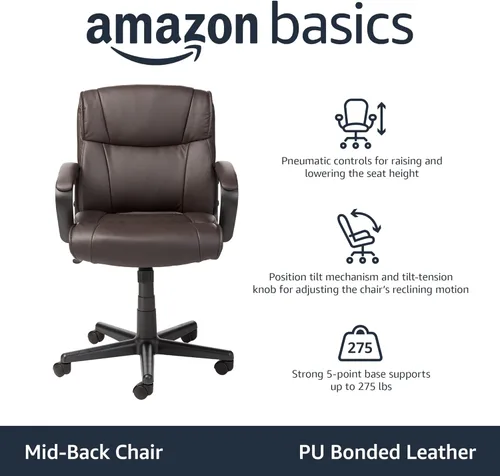 Vista 4 de Amazon Basics Silla de trabajo de oficina con altura ajustable, giratorio de 360°, reposabrazos acolchados, respaldo medio, enrollado, capacidad