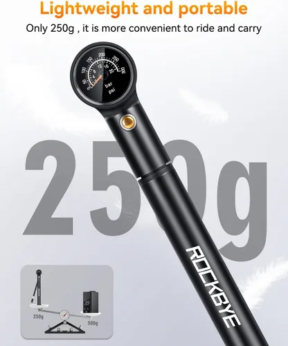 Vista 7 de Onvian Bomba de bicicleta portátil con manómetro, bomba de neumáticos de bicicleta de alta presión de 300 PSI y bomba de choque, mini bomba de mano