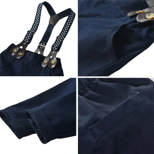 Vista 6 de SANGTREE - Ropa para bebés y niños, camisa de vestir con corbata de moño y pantalón con tirantes, de 3 meses a 14 años
