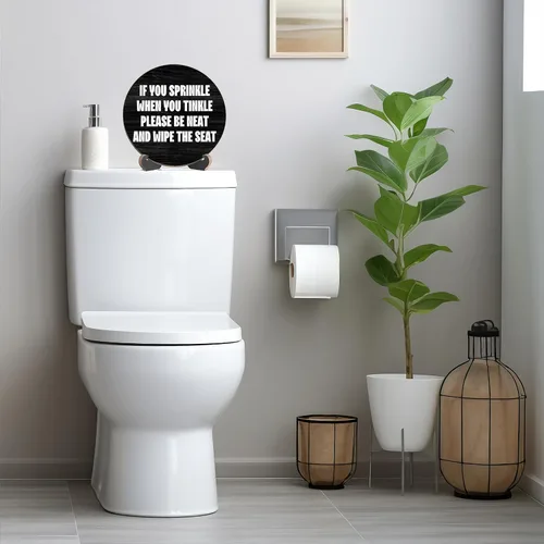 Vista 6 de Letrero rústico y divertido de baño con soporte, texto en inglés «Please Be Neat And Wipe The Seat», letrero con cita para inodoro de granja