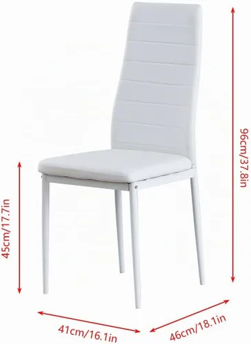 Vista 7 de Juego de mesa de comedor de cristal blanco de 5 piezas para 4, mesa de comedor moderna de vidrio templado con 4 sillas de cuero sintético