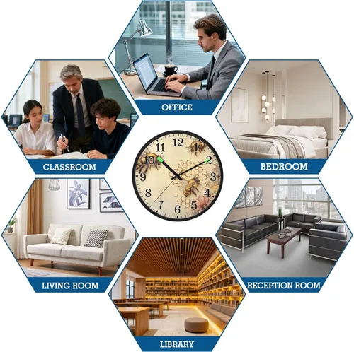 Vista 7 de JUNZAN Luminous Voice-Activated Round Wall Clock 12 Inch Honey Bees Wildflowers Retro Yellow Non-Ticking Silent Battery Operated Wallclocks for