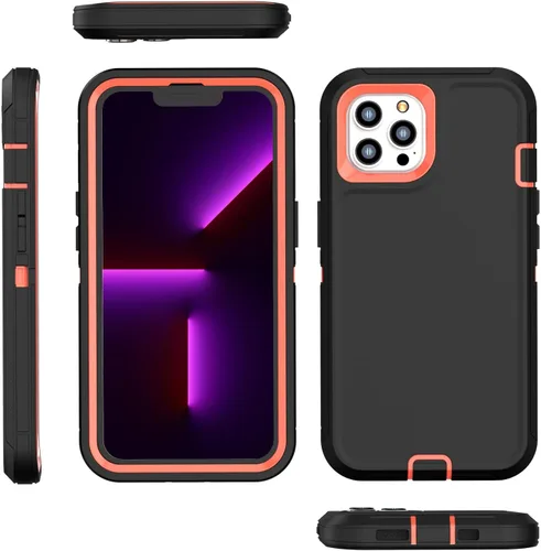 Vista 5 de FEIYAR HOME Funda resistente para iPhone 13 Pro Max con 2 protectores de vidrio templado, grado militar, a prueba de golpes, color negro y naranja