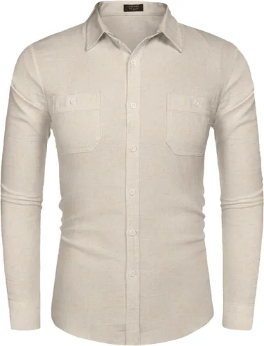 Vista 4 de COOFANDY Camisa casual de lino de manga larga con botones para hombre