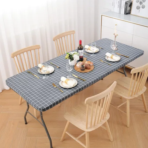 Vista 336 de Mantel rectangular, manteles de plástico elásticos ajustables con parte trasera de franela para mesas de 4 pies, manteles de vinilo impermeables