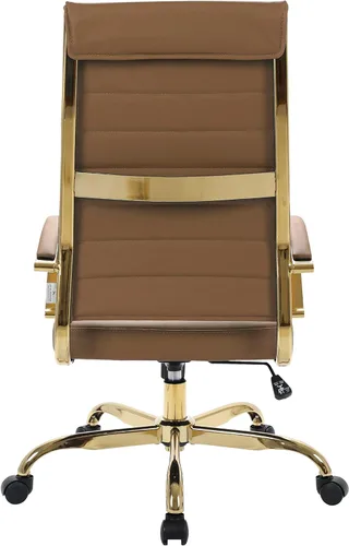 Vista 7 de LeisureMod Benmar - Silla de oficina giratoria moderna de cuero con respaldo alto ajustable con marco dorado, marrón claro