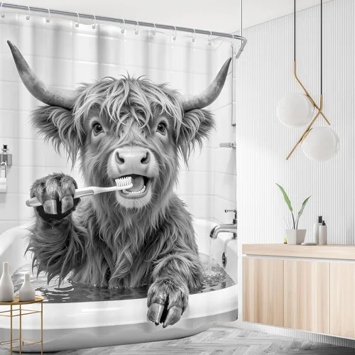 Vista 3 de AMBZEK Divertida cortina de ducha de vaca de las tierras altas, 60 pulgadas de ancho x 72 pulgadas de largo, divertida granja, ganado rústico