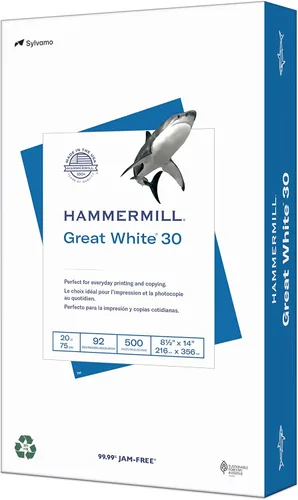 Hammermill - Papel para impresora Great White, 30 % reciclado, 8.5 x 14 pulgadas, 1 resma (500 hojas), brillo de 92, hecho en EE. UU., 086704