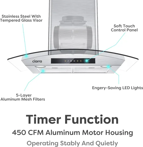 Vista 2 de CIARRA CAS75502-003 - Campana extractora de montaje en pared con filtros de carbono, campana extractora de 30 pulgadas con control táctil suave