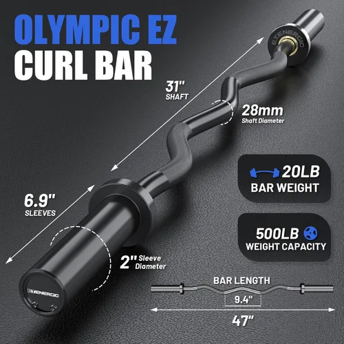 Vista 2 de Barra olímpica EZ Curl de 47 pulgadas, barra de acero de 500 libras de capacidad, adecuada para placas de peso de 2 pulgadas, barra de rizo de 2