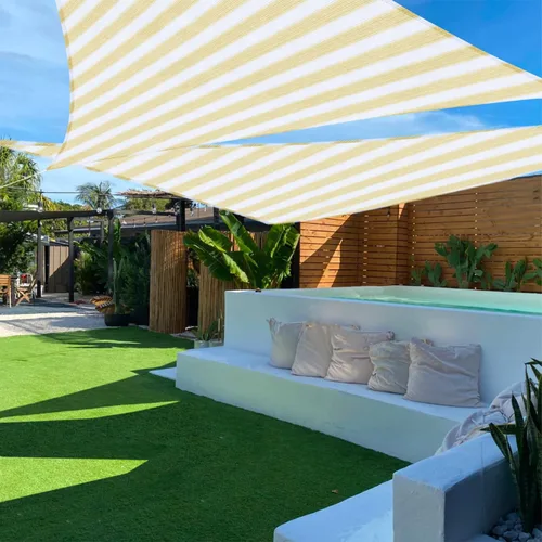 Vista 25 de Tang toldo de sol, velas de sombra 180GSM HDPE Equilateral Triángulo Permeable Toldo estándar comercial personalizable, Beige