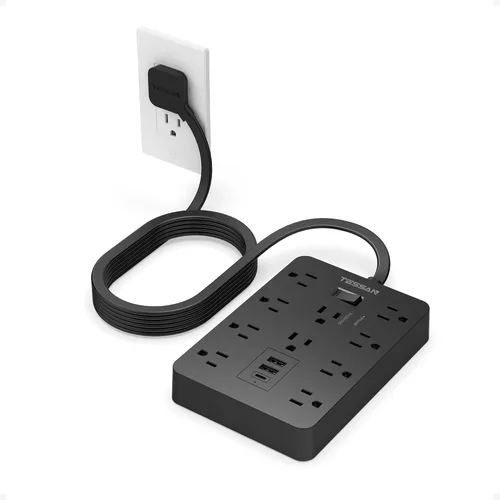 TESSAN - Tira de alimentación negra con protector de sobretensiones, cable de extensión de enchufe plano de 10 pies con 10 salidas de corriente