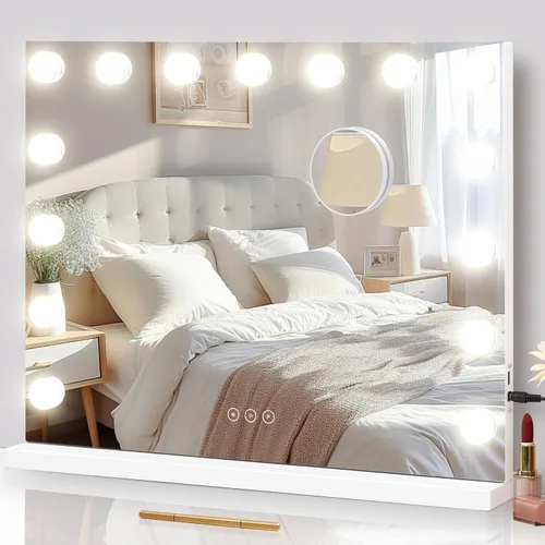 Vista 12 de Espejo de tocador con luces, espejo de maquillaje iluminado con bombillas LED regulables, 3 modos de iluminación de color, puerto de carga USB