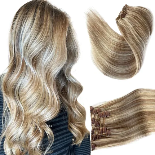 Vista 21 de Extensiones de cabello humano real con clip, rubio ceniza balayage con reflejos rubios, extensiones de cabello humano real Remy con clip, 12