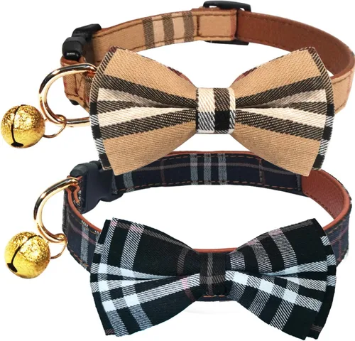 Juego de 2 collares de perro con corbatín y campanas, ajustable con corbatín para perro para niños y niñas pequeños/medianos/grandes (negro y