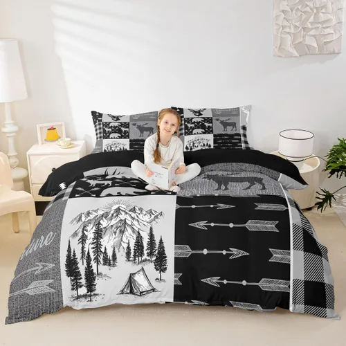 Vista 2 de Funda de edredón de ciervos de caza para niños, juego de ropa de cama rústica para cámper, juego de cama de retazos de aventura a cuadros, funda