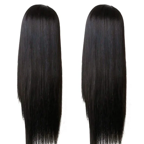 Vista 6 de Pelucas de cabello Remy largo y lacio, color negro natural, resistente al calor, peluca completa a máquina con flequillo, peluca de fiesta
