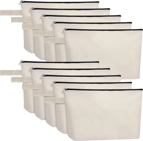 Vista 46 de 10 bolsas de maquillaje de lona de algodón con parte inferior y correa, bolsa de cosméticos multiusos con cremallera, bolsa de aseo de viaje, bolsa