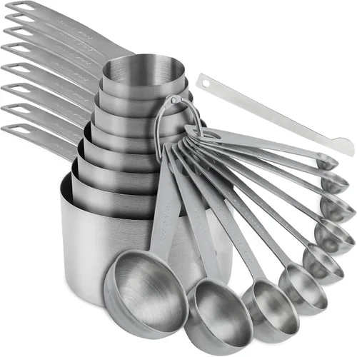 Juego de tazas y cucharas medidoras, juego de tazas y cucharas medidoras de acero inoxidable 18/8 con nivelador para cocina y hornear, herramientas
