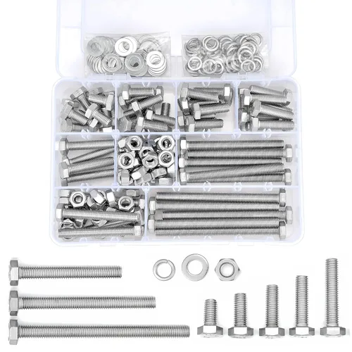 Juego surtido de 240 tuercas y pernos de cabeza hexagonal M8, tornillos plateados de acero inoxidable 304, 8 tamaños para tuercas de hardware