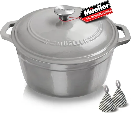 Vista 22 de MUELLER HOME Horno Holandés de Hierro Fundido Esmaltado de 4.5 QT, Cacerola de Servicio Pesado y Sartén Braseadora con Tapa y Perilla de Acero