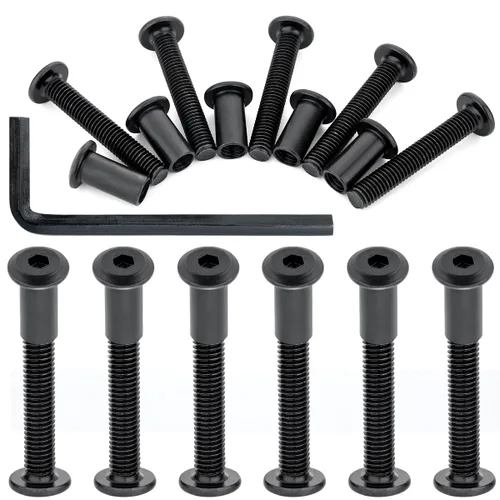Vista 12 de Juego de 25 tornillos hexagonales negros y tuercas de barril M6x20mm, tornillos de fijación para muebles, pernos de conector de muebles, literas