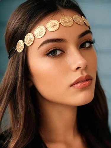 Vista 4 de Yalice Cabeza de moneda dorada, diadema elástica, diadema india, accesorios para el cabello de la frente de los años 20 para mujer