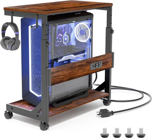 Vista 10 de Soporte de torre de computadora de altura ajustable con estación de carga y puerto de carga USB, carrito de 2 niveles ATX, soporte de PC móvil