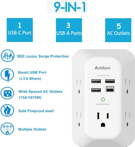 Vista 2 de Addtam cargador USB de pared con protector contra sobrecargas, extensor de 5 tomas con 4 puertos de carga USB (1 salida USB C) de 3 lados, 1800 J