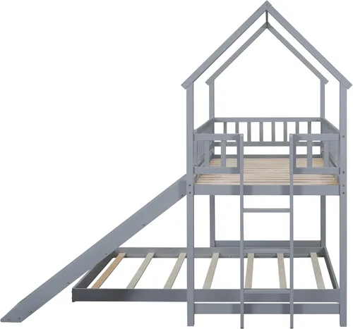 Vista 232 de Cama de casa de tamaño individual con elegantes ventanas y estantería, litera con diseño de castillo de madera con barandillas de seguridad