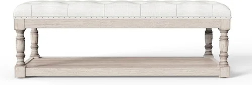 Vista 9 de Mesa de Centro Otomana, Otomana Rectangular Grande con Almacenamiento - Banco Acolchado Tapizado para Sala de Estar, Tela de Lino con Mechones