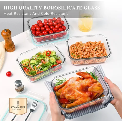 Vista 2 de GEHE Paquete de 4 recipientes grandes de vidrio de almacenamiento de alimentos de 52 onzas con tapas, recipientes de vidrio para preparación