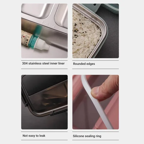 Vista 3 de Niiyen Lonchera portátil de acero inoxidable 304 Bento Box Lunch Containers Caja de almacenamiento de alimentos con 4 compartimentos vajilla
