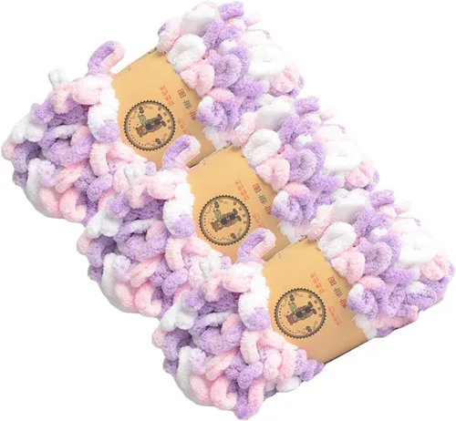 Vista 6 de Hilo grueso de chenilla con lazo para los dedos para tejer a mano (marfil, coral y café)