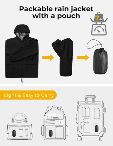 Vista 3 de COOFANDY Chaqueta impermeable para hombre, ligera, impermeable, con capucha, equipo de lluvia, viajes, senderismo, ciclismo