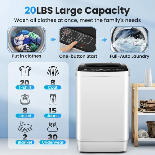 Vista 4 de NICTEMAW - Lavadora portátil de 2.8 pies cúbicos, capacidad de 20 libras, lavadora completamente automática con bomba de drenaje, 10 programas