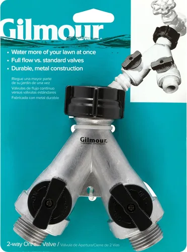 Vista 2 de Gilmour Divisor de manguera de jardín de 2 vías resistente, divisor de manguera de agua doble con válvula de cierre, colector de agua de metal