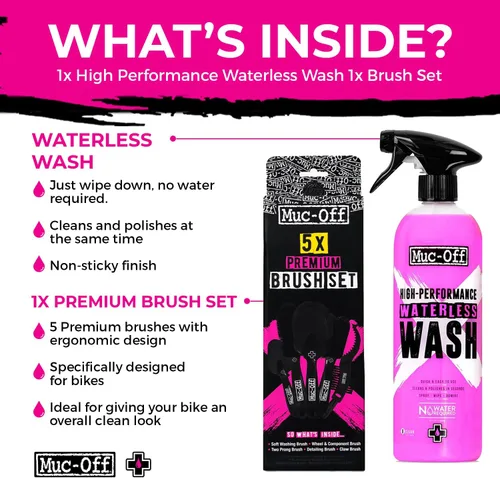 Vista 2 de Muc-Off Lavado de bicicleta sin agua de 25.4 fl oz + 5 cepillos premium Limpiador de bicicleta sin agua con fórmula biodegradable Pulverizar