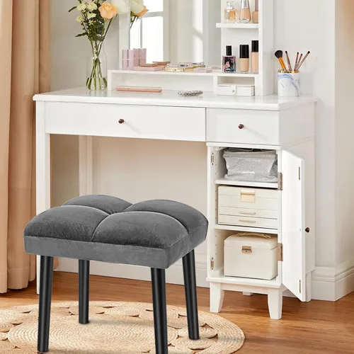 Vista 15 de HOUCHICS Taburete otomano negro, taburete cuadrado de maquillaje con patas de madera, taburetes otomanos pequeños para tocador, taburete acolchado
