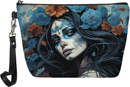 Vista 10 de Howilath Abstract Art Cat Cosmetic Pouch for Women PU Leather Toiletry Storage Bag Trapezoid Makeup Bags with Wrist Strap