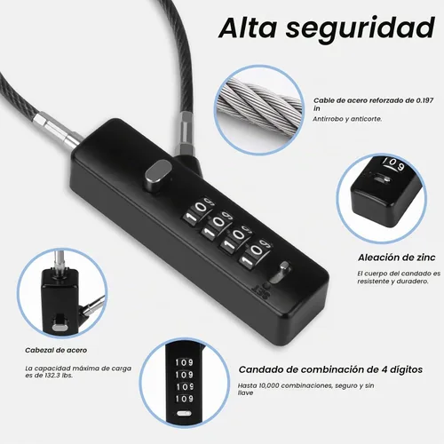 Vista 3 de Candado de cable de combinación de 4 dígitos, 3 cuerdas de acero trenzadas intercambiables (9"/23.6"/47.2"), cerradura de alambre antirrobo