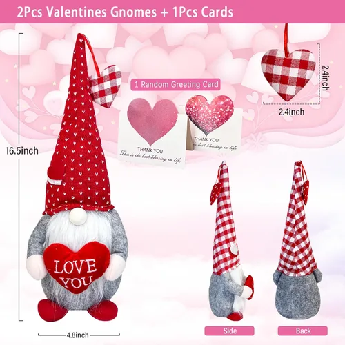 Vista 2 de MPINOI Decoración de gnomo para el día de San Valentín, 2 gnomos de San Valentín, decoración de mesa para el hogar, regalo de San Valentín con dulce