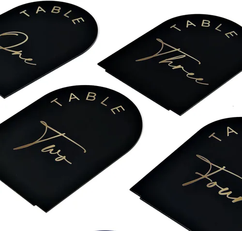 Vista 3 de Mesa de boda arqueada negra con números 1-10 con soportes, letrero acrílico de arco negro de 5 x 7 pulgadas con letras doradas, números de mesa