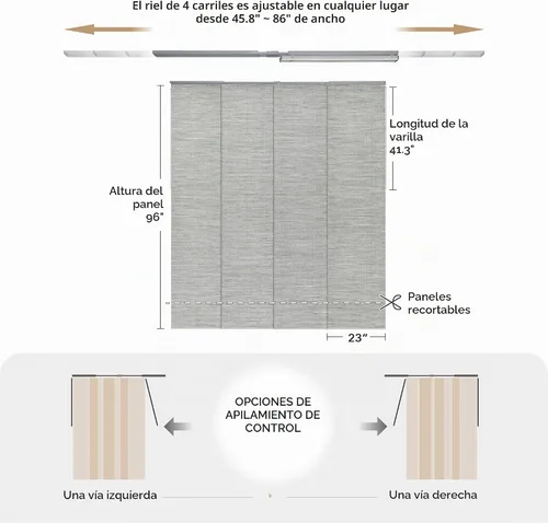 Vista 6 de GoDear Design - Persianas verticales ajustables para puertas corredizas, riel extensible de 45.8 a 86 pulgadas de ancho, cortinas de panel